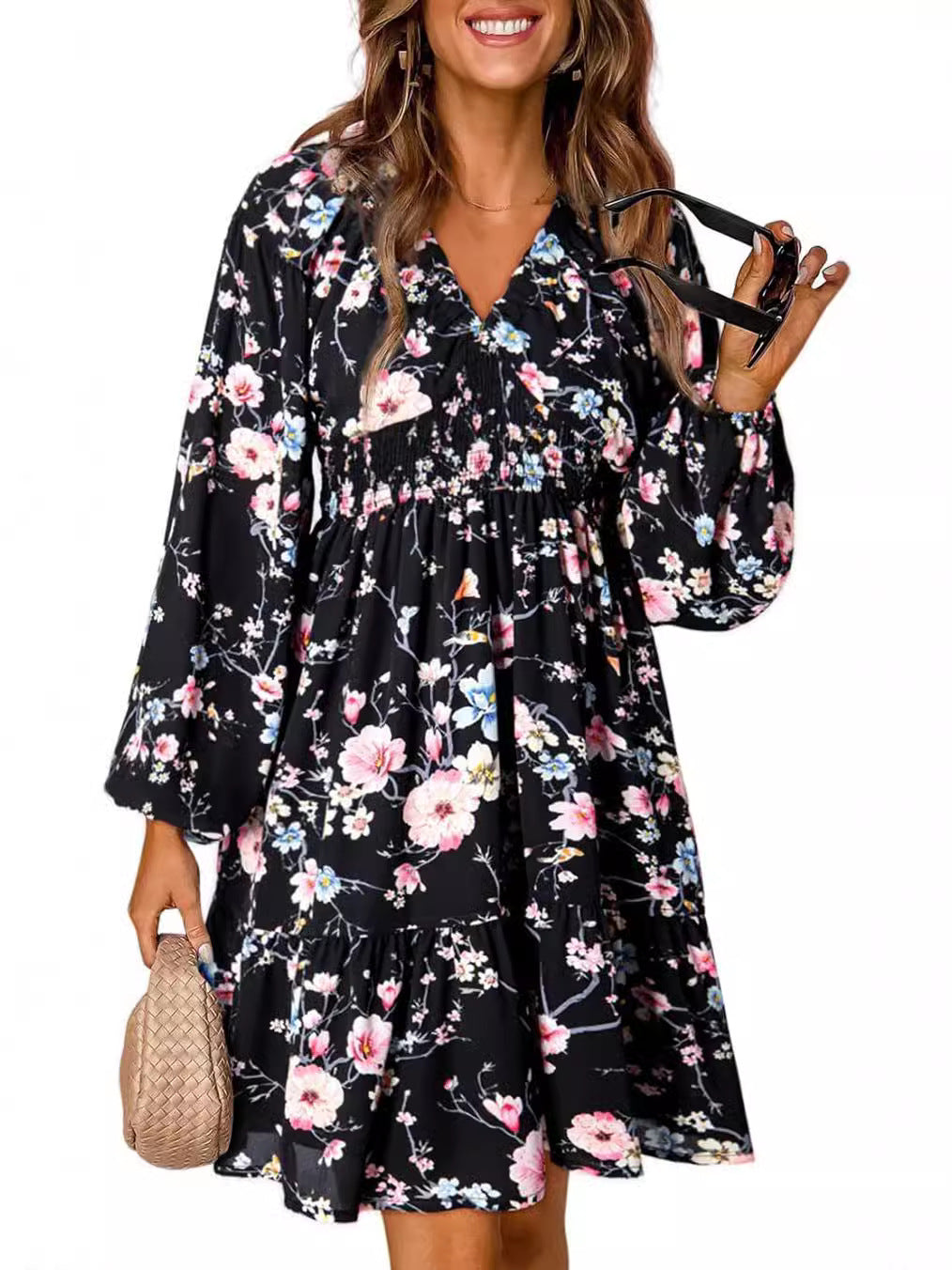 Womens Dresses 2025 Boho Floral V Neck Long Sleeve Smocked Elastic Waist Casual A-Line Swing Mini Dress Sundress - Seldom Seen Styles