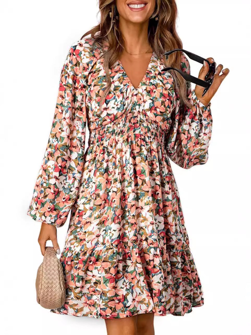 Womens Dresses 2025 Boho Floral V Neck Long Sleeve Smocked Elastic Waist Casual A-Line Swing Mini Dress Sundress - Seldom Seen Styles