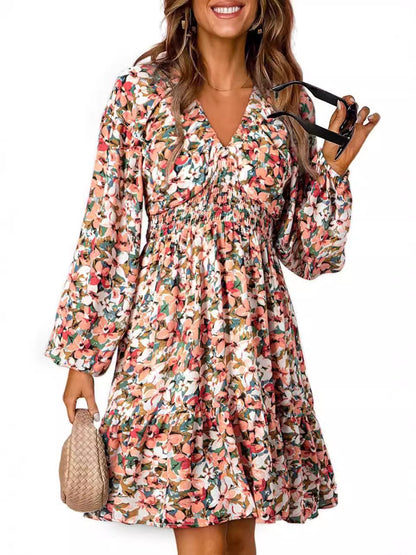 Womens Dresses 2025 Boho Floral V Neck Long Sleeve Smocked Elastic Waist Casual A-Line Swing Mini Dress Sundress - Seldom Seen Styles