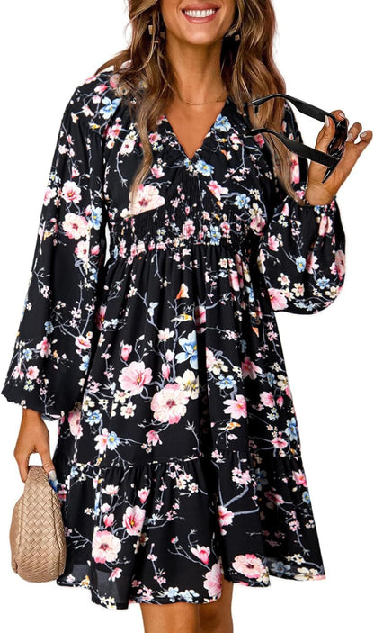 Womens Dresses 2025 Boho Floral V Neck Long Sleeve Smocked Elastic Waist Casual A-Line Swing Mini Dress Sundress - Seldom Seen Styles