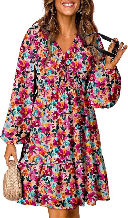 Womens Dresses 2025 Boho Floral V Neck Long Sleeve Smocked Elastic Waist Casual A-Line Swing Mini Dress Sundress - Seldom Seen Styles