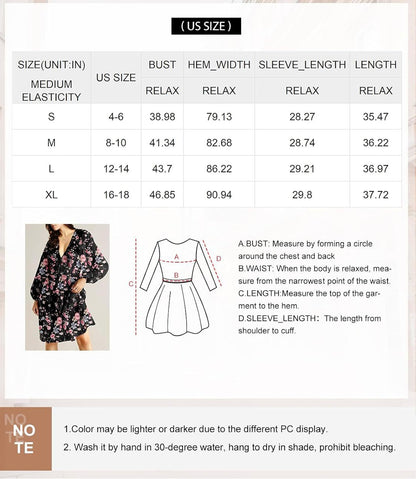 Womens Dresses 2025 Boho Floral V Neck Long Sleeve Smocked Elastic Waist Casual A-Line Swing Mini Dress Sundress - Seldom Seen Styles