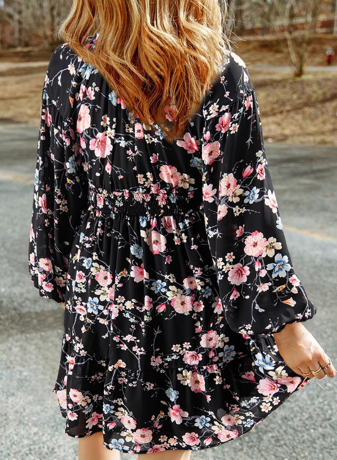 Womens Dresses 2025 Boho Floral V Neck Long Sleeve Smocked Elastic Waist Casual A-Line Swing Mini Dress Sundress - Seldom Seen Styles