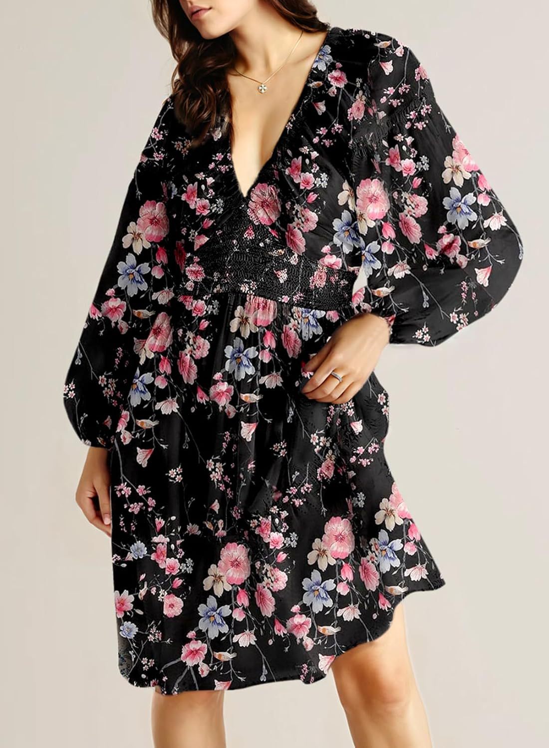 Womens Dresses 2025 Boho Floral V Neck Long Sleeve Smocked Elastic Waist Casual A-Line Swing Mini Dress Sundress - Seldom Seen Styles