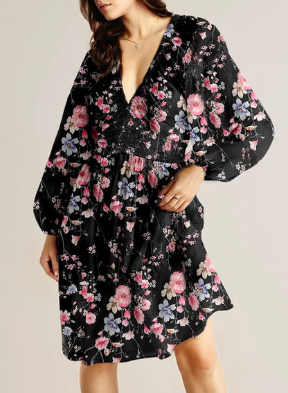 Womens Dresses 2025 Boho Floral V Neck Long Sleeve Smocked Elastic Waist Casual A-Line Swing Mini Dress Sundress - Seldom Seen Styles
