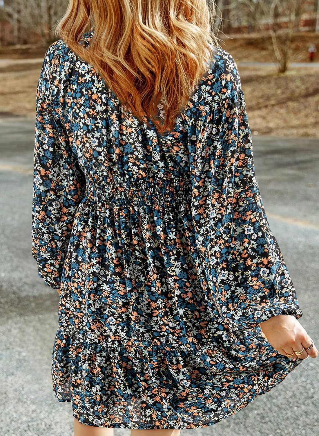 Womens Dresses 2025 Boho Floral V Neck Long Sleeve Smocked Elastic Waist Casual A-Line Swing Mini Dress Sundress - Seldom Seen Styles