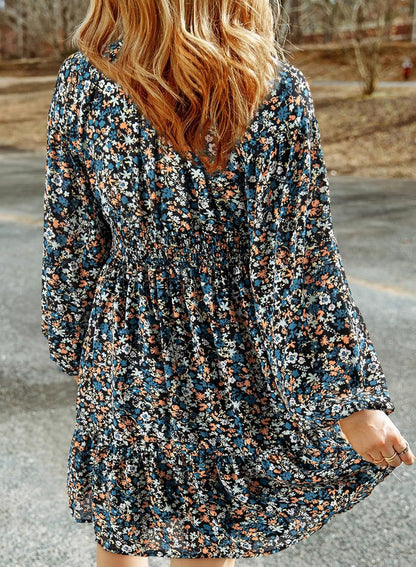 Womens Dresses 2025 Boho Floral V Neck Long Sleeve Smocked Elastic Waist Casual A-Line Swing Mini Dress Sundress - Seldom Seen Styles