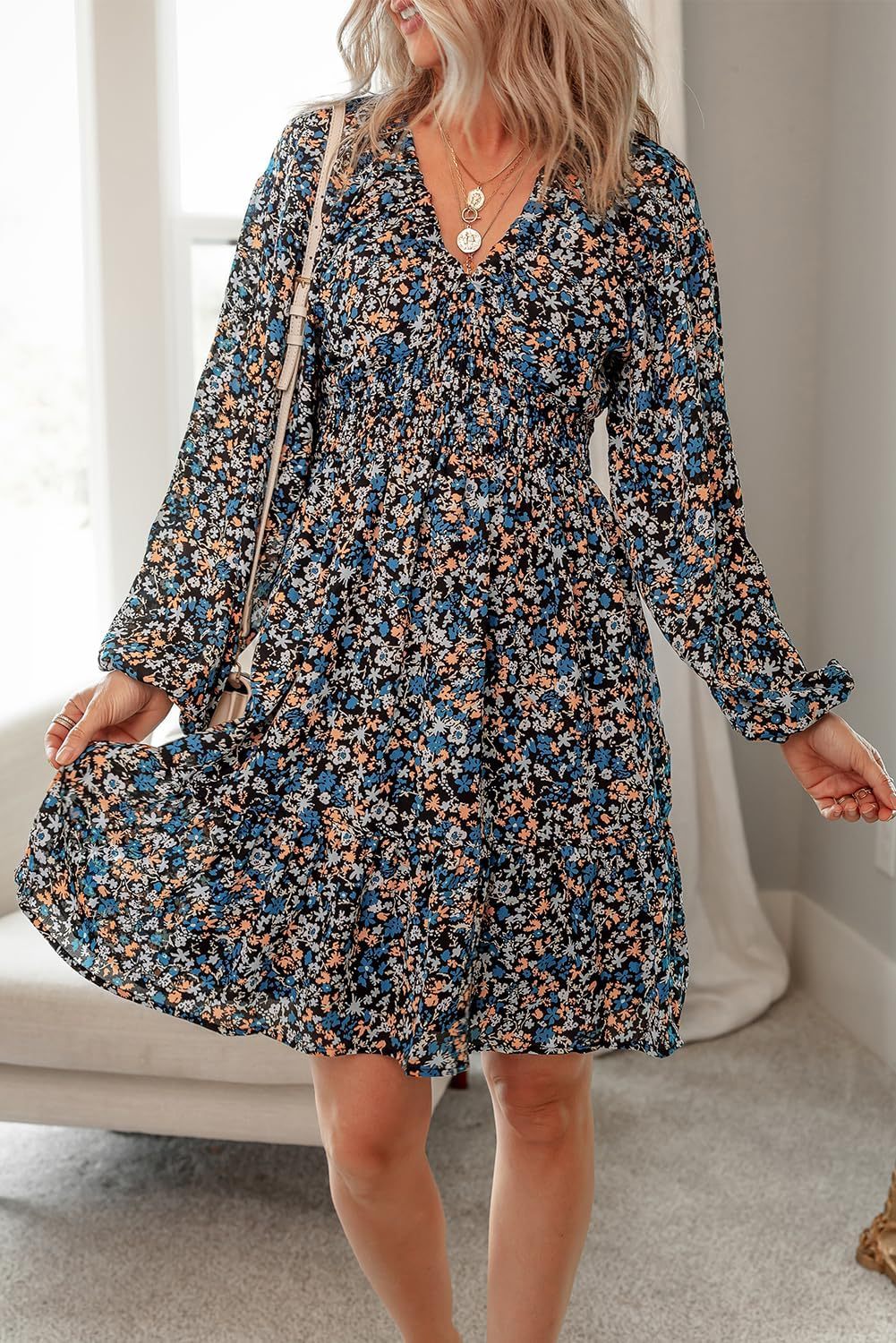 Womens Dresses 2025 Boho Floral V Neck Long Sleeve Smocked Elastic Waist Casual A-Line Swing Mini Dress Sundress - Seldom Seen Styles