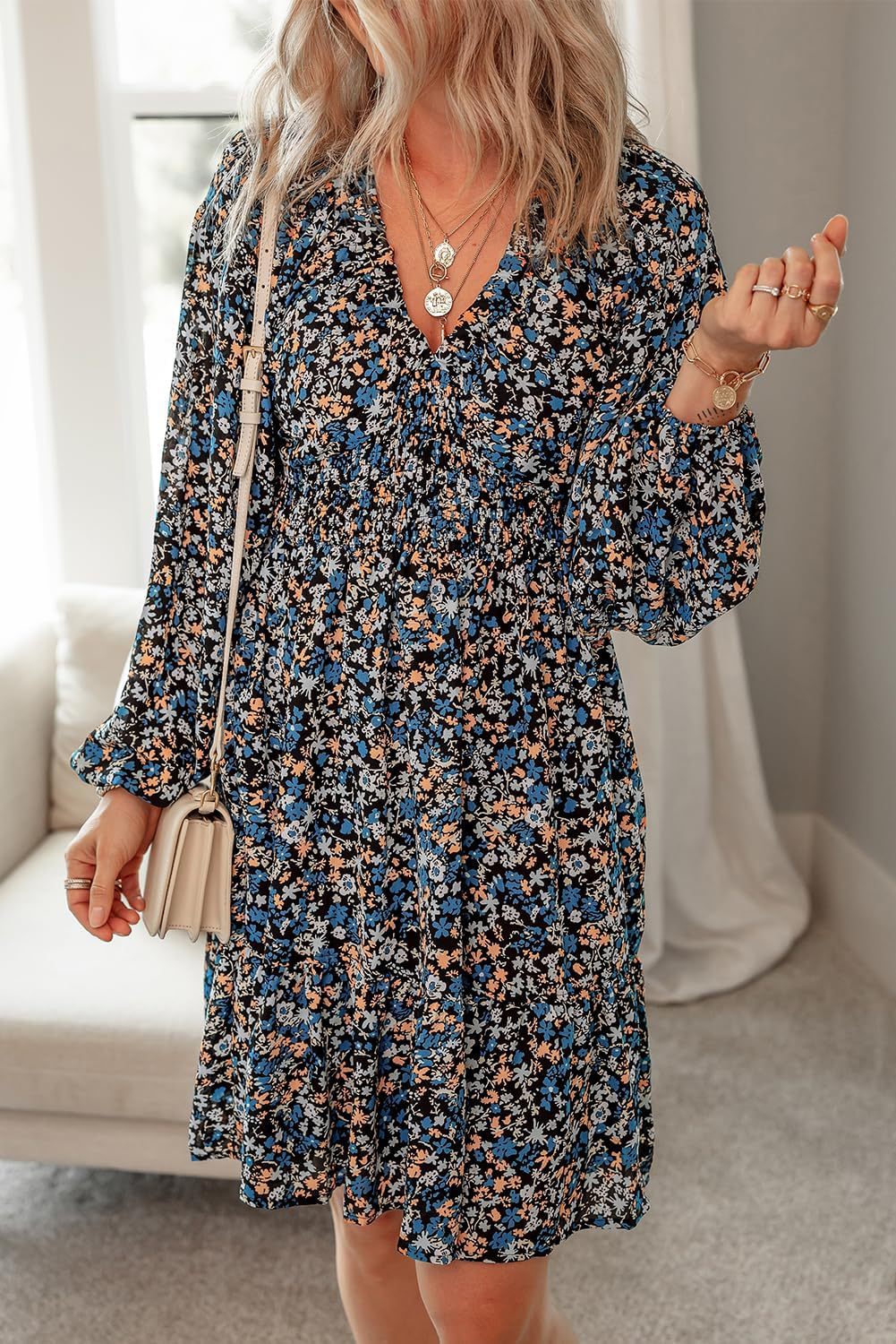 Womens Dresses 2025 Boho Floral V Neck Long Sleeve Smocked Elastic Waist Casual A-Line Swing Mini Dress Sundress - Seldom Seen Styles