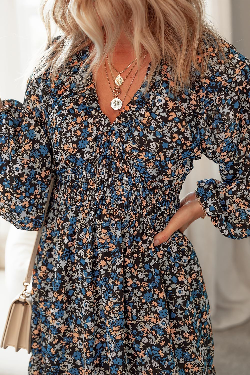 Womens Dresses 2025 Boho Floral V Neck Long Sleeve Smocked Elastic Waist Casual A-Line Swing Mini Dress Sundress - Seldom Seen Styles