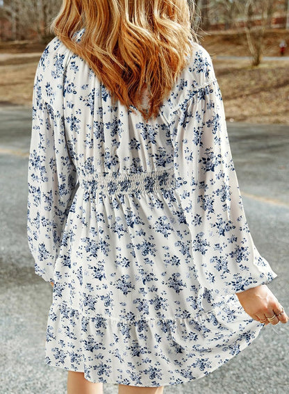 Womens Dresses 2025 Boho Floral V Neck Long Sleeve Smocked Elastic Waist Casual A-Line Swing Mini Dress Sundress - Seldom Seen Styles