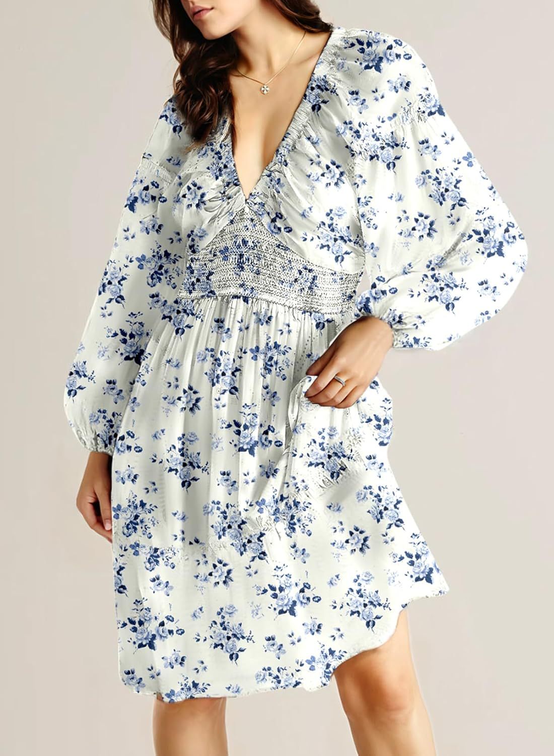 Womens Dresses 2025 Boho Floral V Neck Long Sleeve Smocked Elastic Waist Casual A-Line Swing Mini Dress Sundress - Seldom Seen Styles