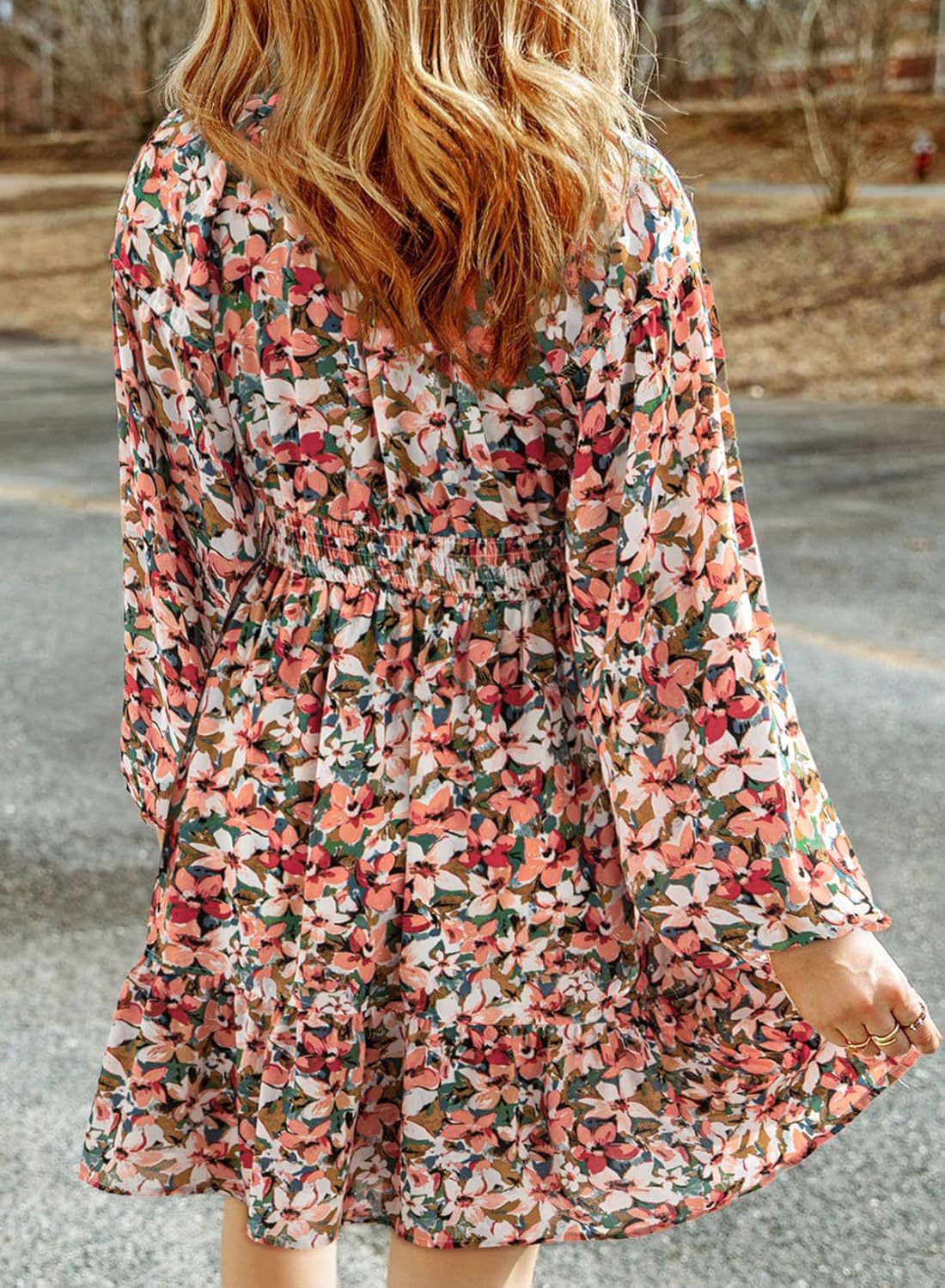 Womens Dresses 2025 Boho Floral V Neck Long Sleeve Smocked Elastic Waist Casual A-Line Swing Mini Dress Sundress - Seldom Seen Styles