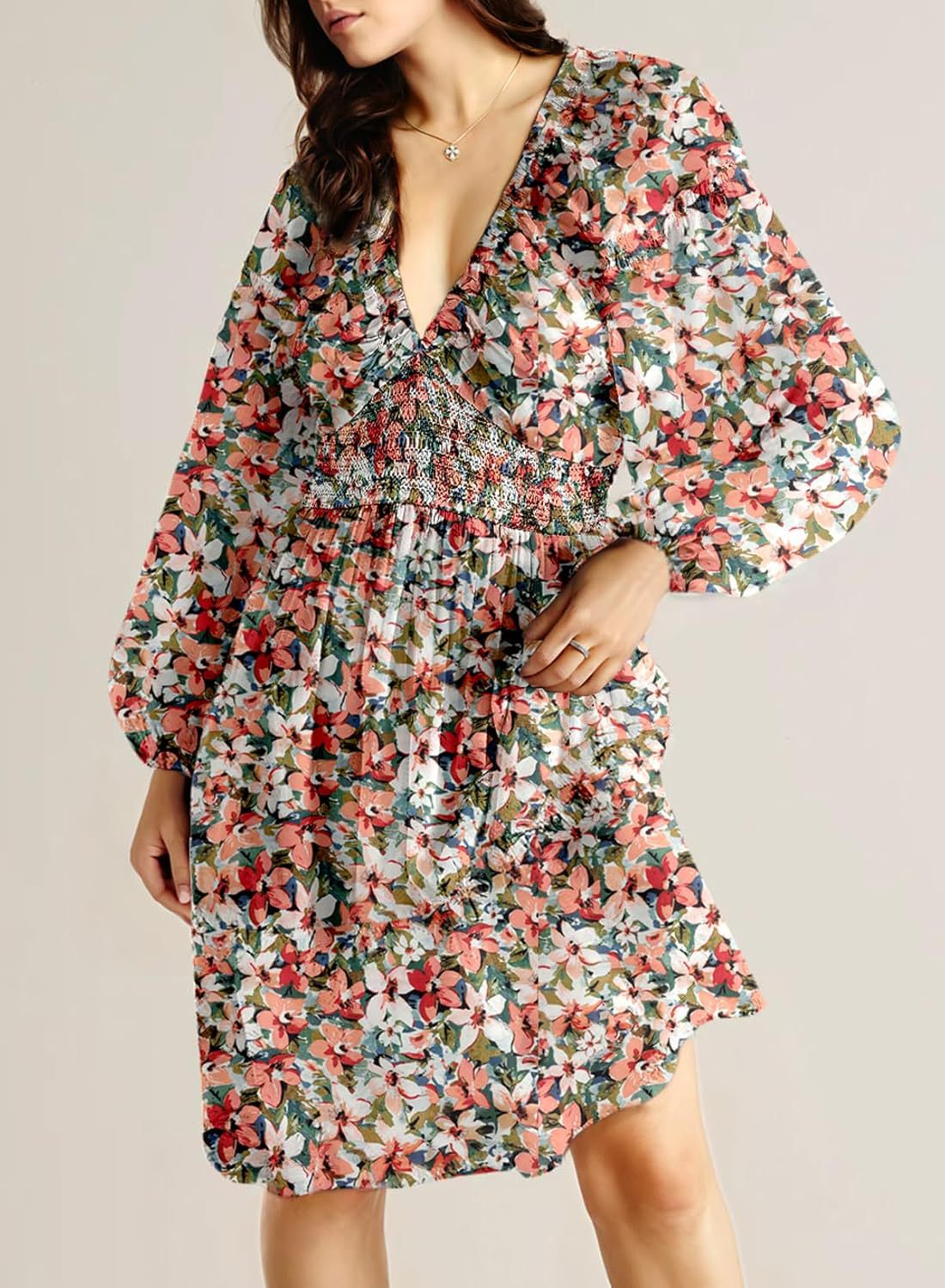 Womens Dresses 2025 Boho Floral V Neck Long Sleeve Smocked Elastic Waist Casual A-Line Swing Mini Dress Sundress - Seldom Seen Styles