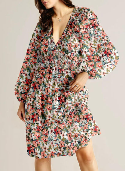 Womens Dresses 2025 Boho Floral V Neck Long Sleeve Smocked Elastic Waist Casual A-Line Swing Mini Dress Sundress - Seldom Seen Styles