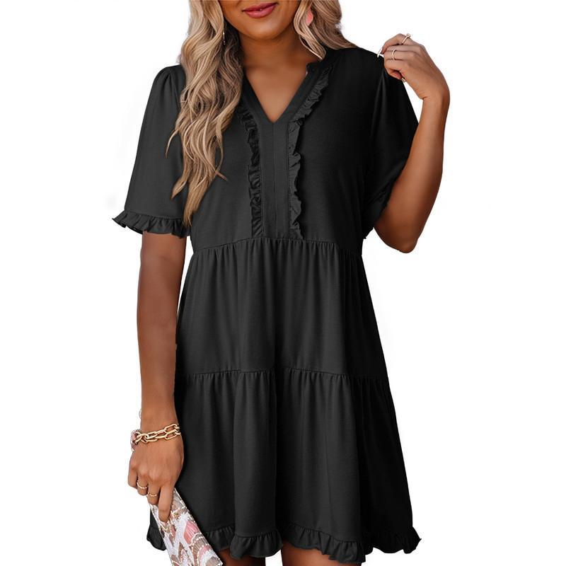 Womens Dresses 2025 Summer Spring V Neck Ruffle Short Sleeve Casual A-Line Flowy Swing Shift Dress Mini Dress - Seldom Seen Styles