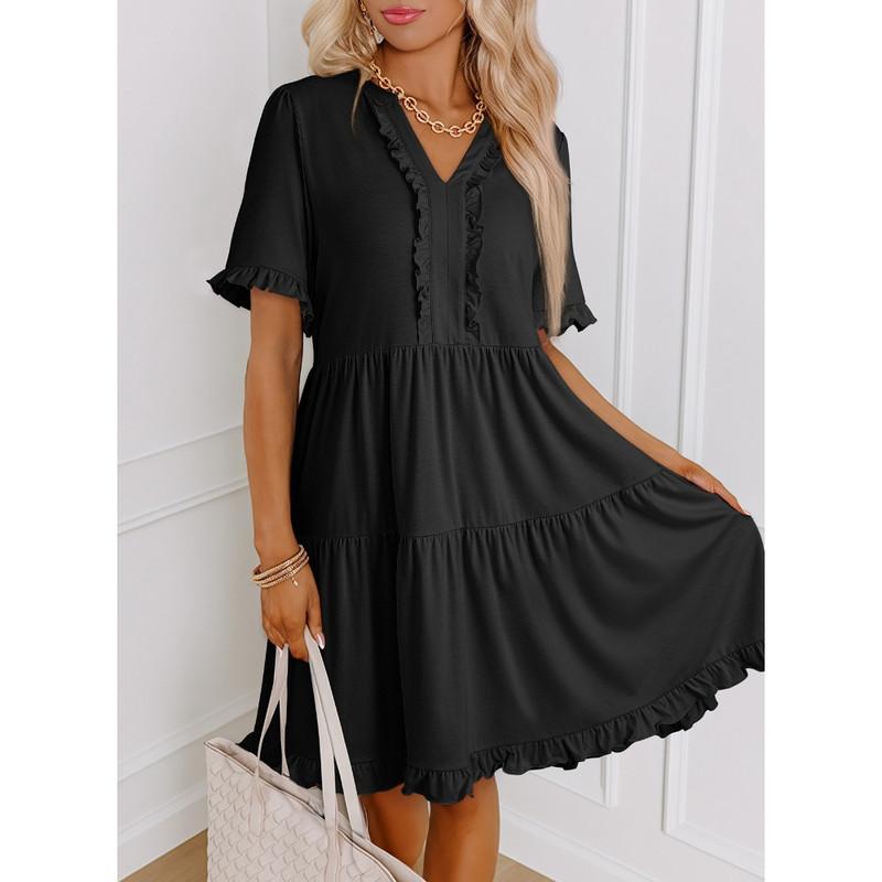 Womens Dresses 2025 Summer Spring V Neck Ruffle Short Sleeve Casual A-Line Flowy Swing Shift Dress Mini Dress - Seldom Seen Styles