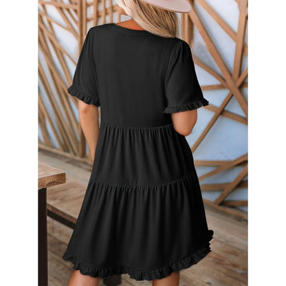 Womens Dresses 2025 Summer Spring V Neck Ruffle Short Sleeve Casual A-Line Flowy Swing Shift Dress Mini Dress - Seldom Seen Styles