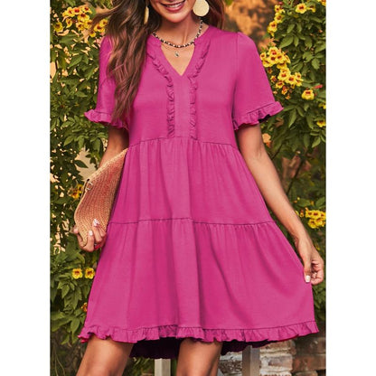 Womens Dresses 2025 Summer Spring V Neck Ruffle Short Sleeve Casual A-Line Flowy Swing Shift Dress Mini Dress - Seldom Seen Styles