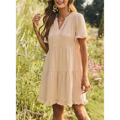 Womens Dresses 2025 Summer Spring V Neck Ruffle Short Sleeve Casual A-Line Flowy Swing Shift Dress Mini Dress - Seldom Seen Styles