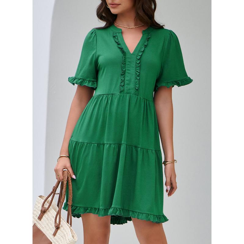 Womens Dresses 2025 Summer Spring V Neck Ruffle Short Sleeve Casual A-Line Flowy Swing Shift Dress Mini Dress - Seldom Seen Styles