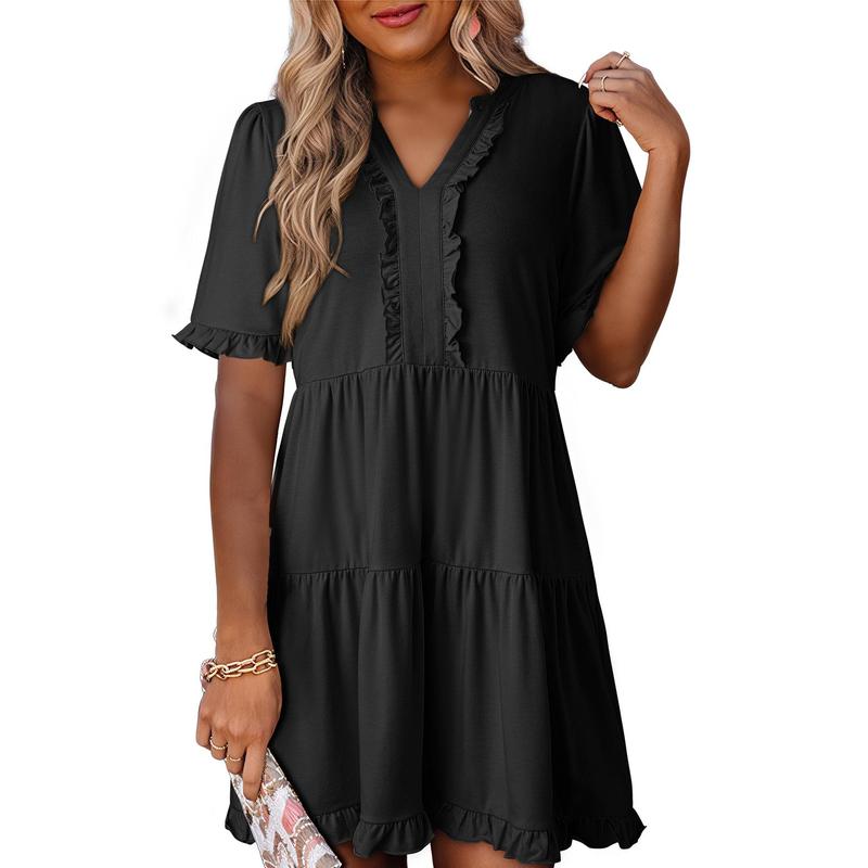 Womens Dresses 2025 Summer Spring V Neck Ruffle Short Sleeve Casual A-Line Flowy Swing Shift Dress Mini Dress - Seldom Seen Styles