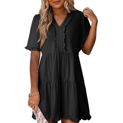 Womens Dresses 2025 Summer Spring V Neck Ruffle Short Sleeve Casual A-Line Flowy Swing Shift Dress Mini Dress - Seldom Seen Styles