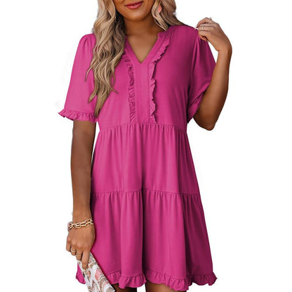 Womens Dresses 2025 Summer Spring V Neck Ruffle Short Sleeve Casual A-Line Flowy Swing Shift Dress Mini Dress - Seldom Seen Styles
