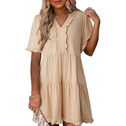 Womens Dresses 2025 Summer Spring V Neck Ruffle Short Sleeve Casual A-Line Flowy Swing Shift Dress Mini Dress - Seldom Seen Styles