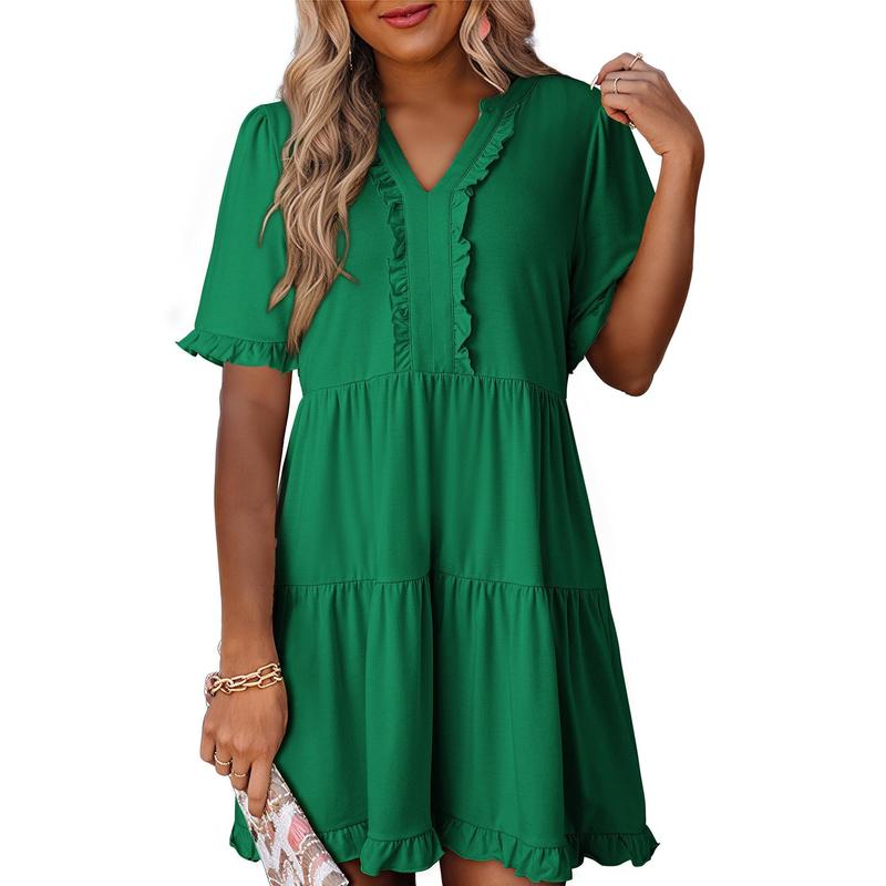Womens Dresses 2025 Summer Spring V Neck Ruffle Short Sleeve Casual A-Line Flowy Swing Shift Dress Mini Dress - Seldom Seen Styles