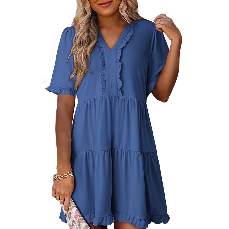 Womens Dresses 2025 Summer Spring V Neck Ruffle Short Sleeve Casual A-Line Flowy Swing Shift Dress Mini Dress - Seldom Seen Styles