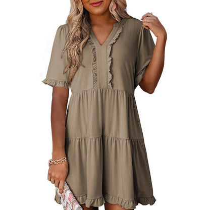 Womens Dresses 2025 Summer Spring V Neck Ruffle Short Sleeve Casual A-Line Flowy Swing Shift Dress Mini Dress - Seldom Seen Styles