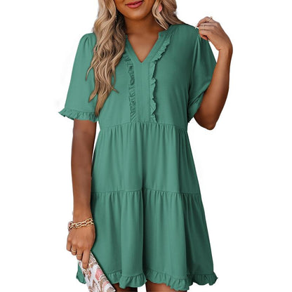 Womens Dresses 2025 Summer Spring V Neck Ruffle Short Sleeve Casual A-Line Flowy Swing Shift Dress Mini Dress - Seldom Seen Styles