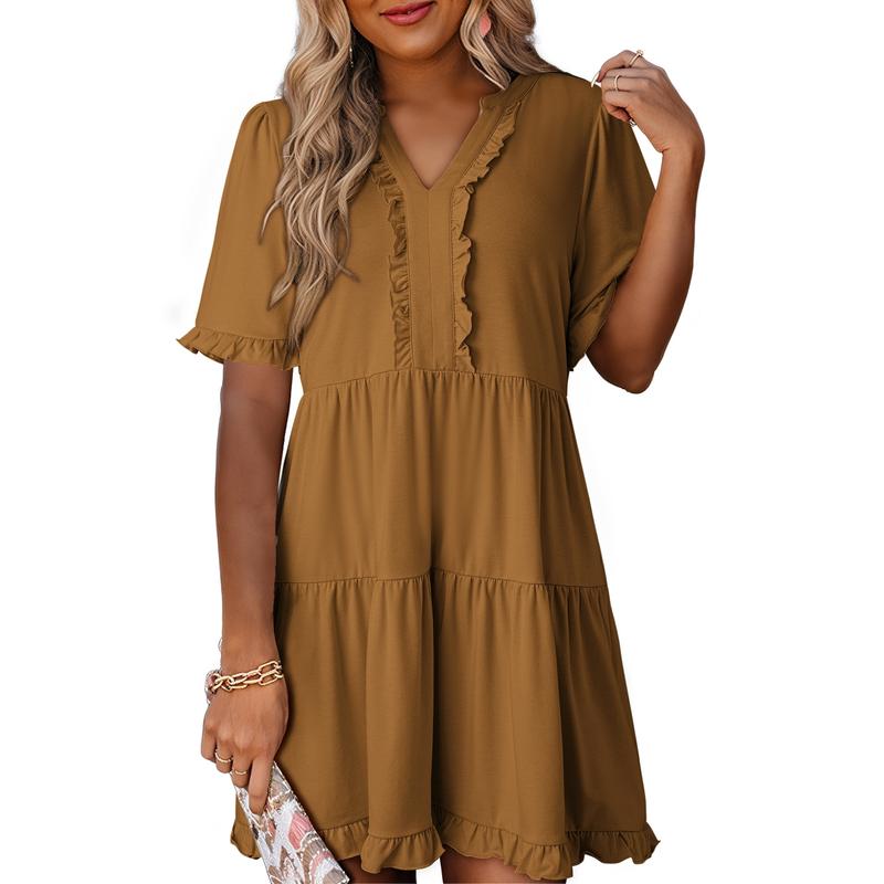 Womens Dresses 2025 Summer Spring V Neck Ruffle Short Sleeve Casual A-Line Flowy Swing Shift Dress Mini Dress - Seldom Seen Styles