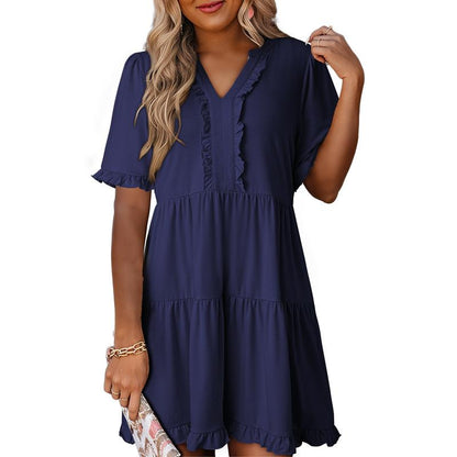 Womens Dresses 2025 Summer Spring V Neck Ruffle Short Sleeve Casual A-Line Flowy Swing Shift Dress Mini Dress - Seldom Seen Styles