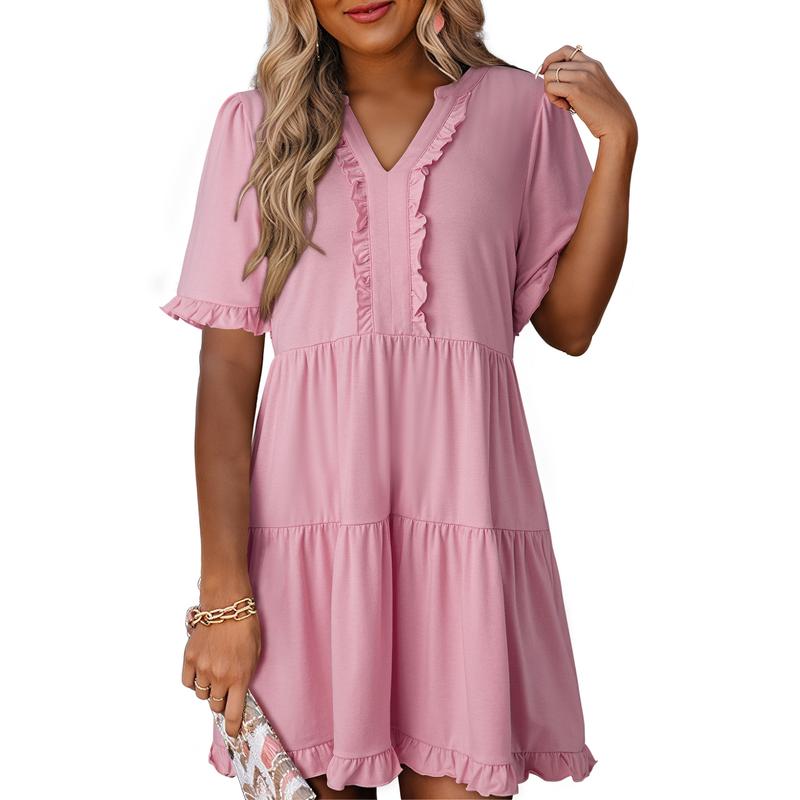 Womens Dresses 2025 Summer Spring V Neck Ruffle Short Sleeve Casual A-Line Flowy Swing Shift Dress Mini Dress - Seldom Seen Styles