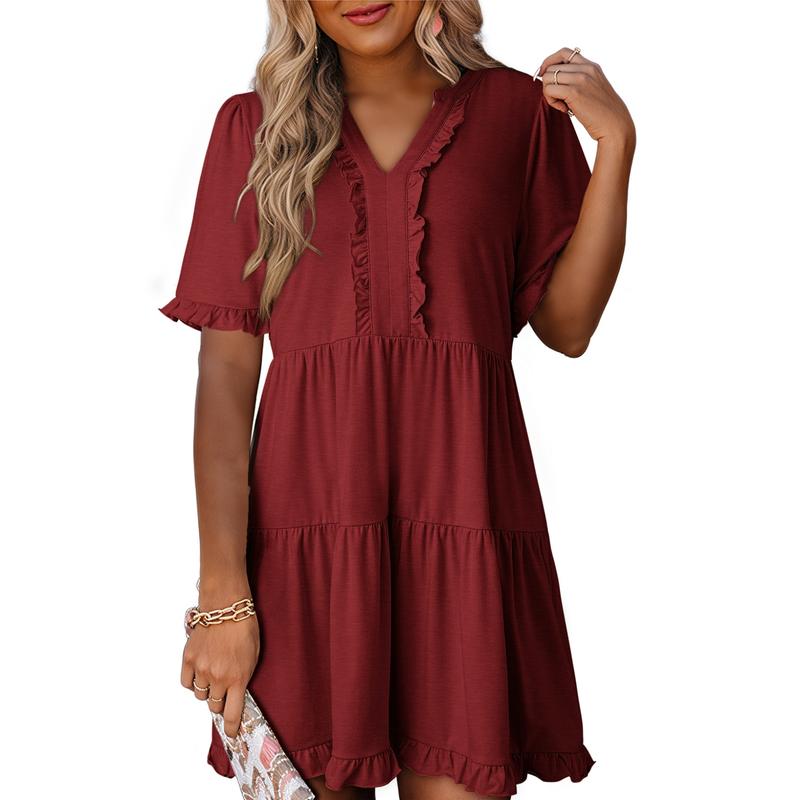 Womens Dresses 2025 Summer Spring V Neck Ruffle Short Sleeve Casual A-Line Flowy Swing Shift Dress Mini Dress - Seldom Seen Styles