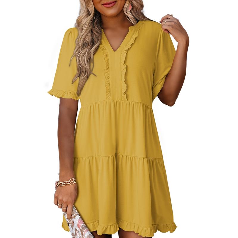 Womens Dresses 2025 Summer Spring V Neck Ruffle Short Sleeve Casual A-Line Flowy Swing Shift Dress Mini Dress - Seldom Seen Styles