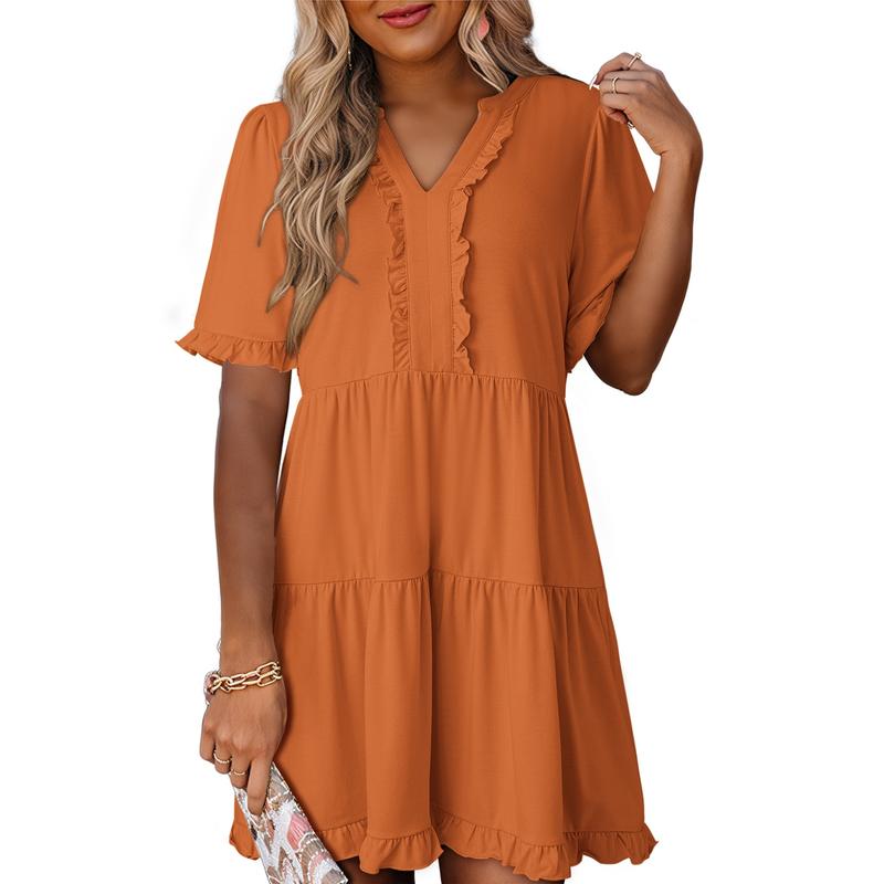 Womens Dresses 2025 Summer Spring V Neck Ruffle Short Sleeve Casual A-Line Flowy Swing Shift Dress Mini Dress - Seldom Seen Styles