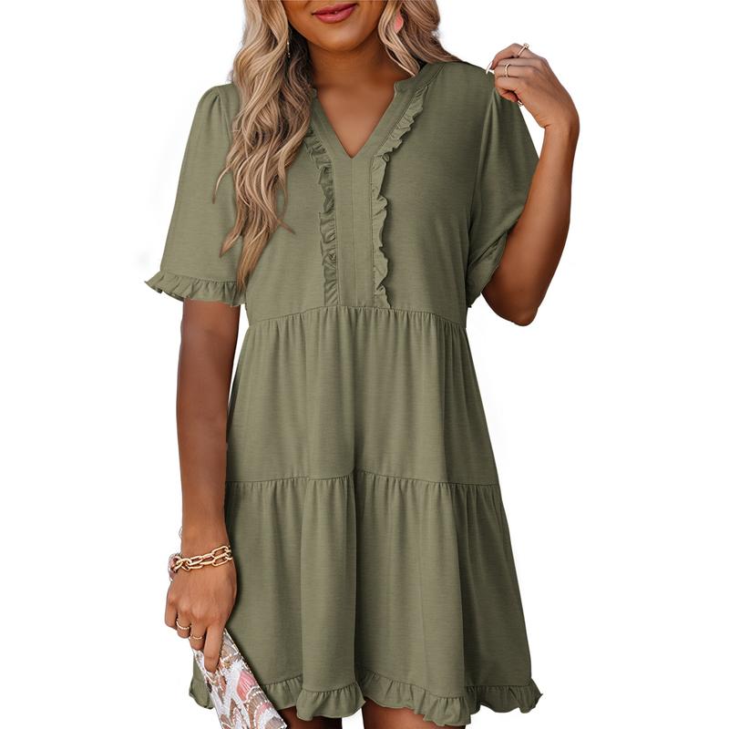 Womens Dresses 2025 Summer Spring V Neck Ruffle Short Sleeve Casual A-Line Flowy Swing Shift Dress Mini Dress - Seldom Seen Styles