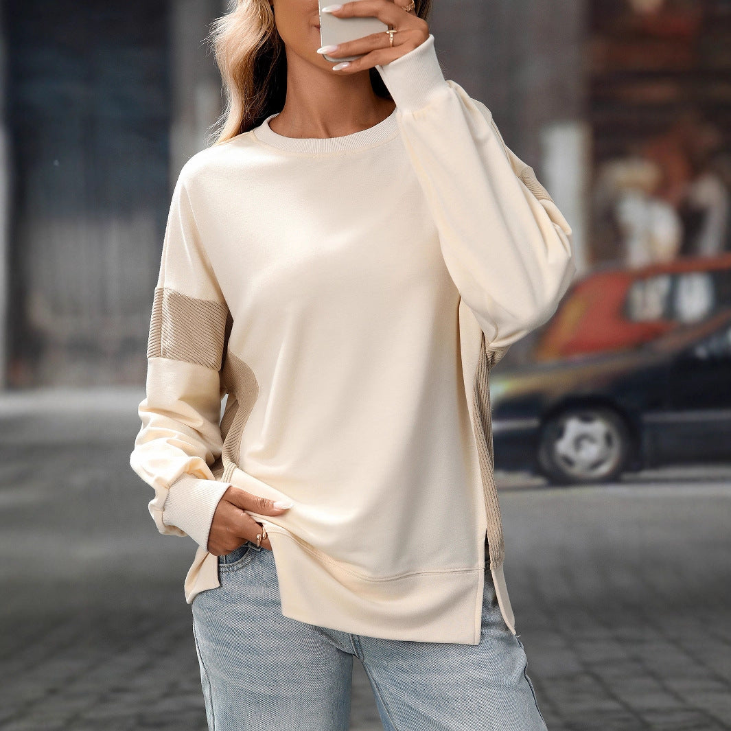 Womens Fashion 2025 Color Block Long Sleeve Crewneck Knitted Casual Loose Pullover Shirts TopsNew Round Neck Color Block Versatile Casual Loose Sweatshirt - Seldom Seen Styles
