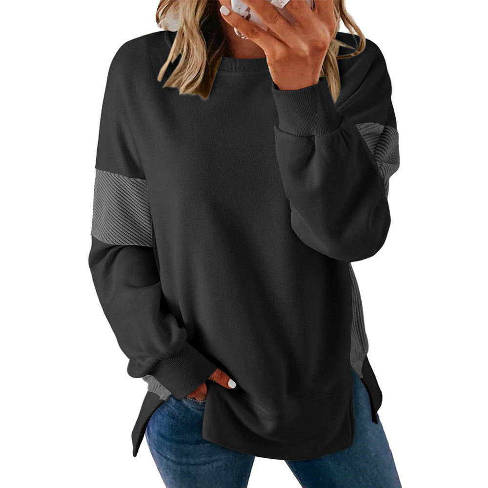 Womens Fashion 2025 Color Block Long Sleeve Crewneck Knitted Casual Loose Pullover Shirts TopsNew Round Neck Color Block Versatile Casual Loose Sweatshirt - Seldom Seen Styles