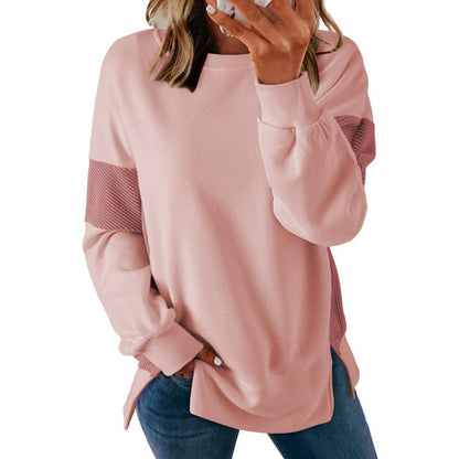 Womens Fashion 2025 Color Block Long Sleeve Crewneck Knitted Casual Loose Pullover Shirts TopsNew Round Neck Color Block Versatile Casual Loose Sweatshirt - Seldom Seen Styles