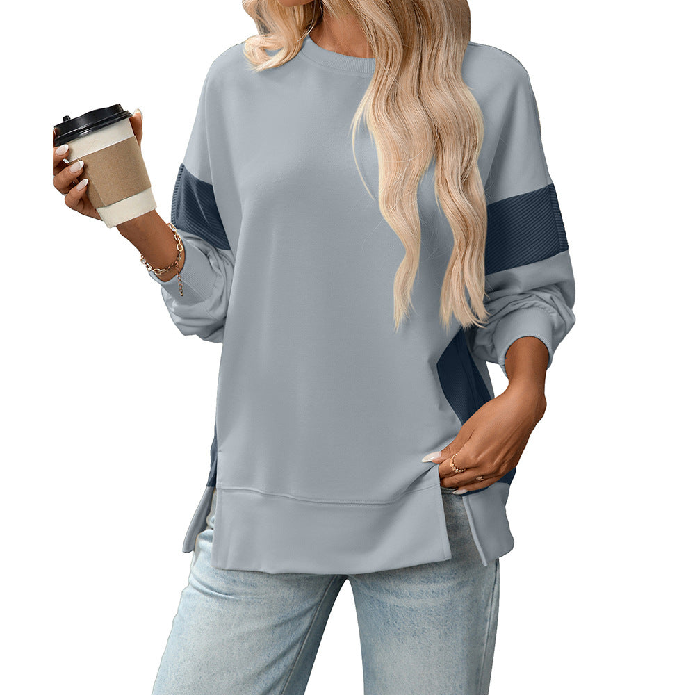 Womens Fashion 2025 Color Block Long Sleeve Crewneck Knitted Casual Loose Pullover Shirts TopsNew Round Neck Color Block Versatile Casual Loose Sweatshirt - Seldom Seen Styles