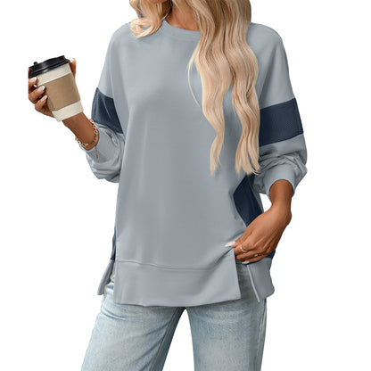 Womens Fashion 2025 Color Block Long Sleeve Crewneck Knitted Casual Loose Pullover Shirts TopsNew Round Neck Color Block Versatile Casual Loose Sweatshirt - Seldom Seen Styles