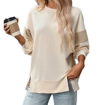 Womens Fashion 2025 Color Block Long Sleeve Crewneck Knitted Casual Loose Pullover Shirts TopsNew Round Neck Color Block Versatile Casual Loose Sweatshirt - Seldom Seen Styles