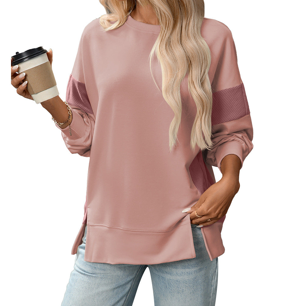 Womens Fashion 2025 Color Block Long Sleeve Crewneck Knitted Casual Loose Pullover Shirts TopsNew Round Neck Color Block Versatile Casual Loose Sweatshirt - Seldom Seen Styles