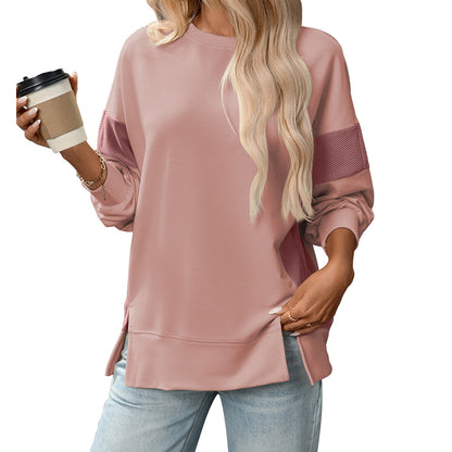 Womens Fashion 2025 Color Block Long Sleeve Crewneck Knitted Casual Loose Pullover Shirts TopsNew Round Neck Color Block Versatile Casual Loose Sweatshirt - Seldom Seen Styles
