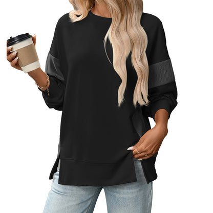 Womens Fashion 2025 Color Block Long Sleeve Crewneck Knitted Casual Loose Pullover Shirts TopsNew Round Neck Color Block Versatile Casual Loose Sweatshirt - Seldom Seen Styles
