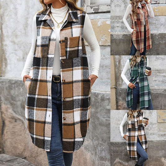 Womens Long Plaid Vest Sleeveless Coats Lapel Collar Casual Fall Outfits with Pockets - Seldom Seen Styles
